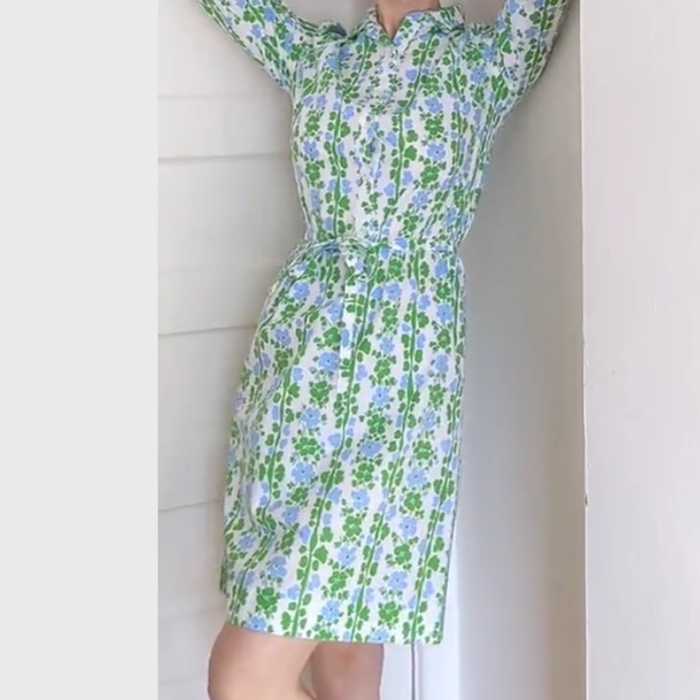 Vintage 80’s MARGARET SMITH of Gardiner, ME Green & Blue Floral Shirt Dress US 8